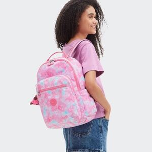 Kipling Seoul Laptop Backpack Garden Clouds Pink/White/Blue Floral/Butterfly NWT